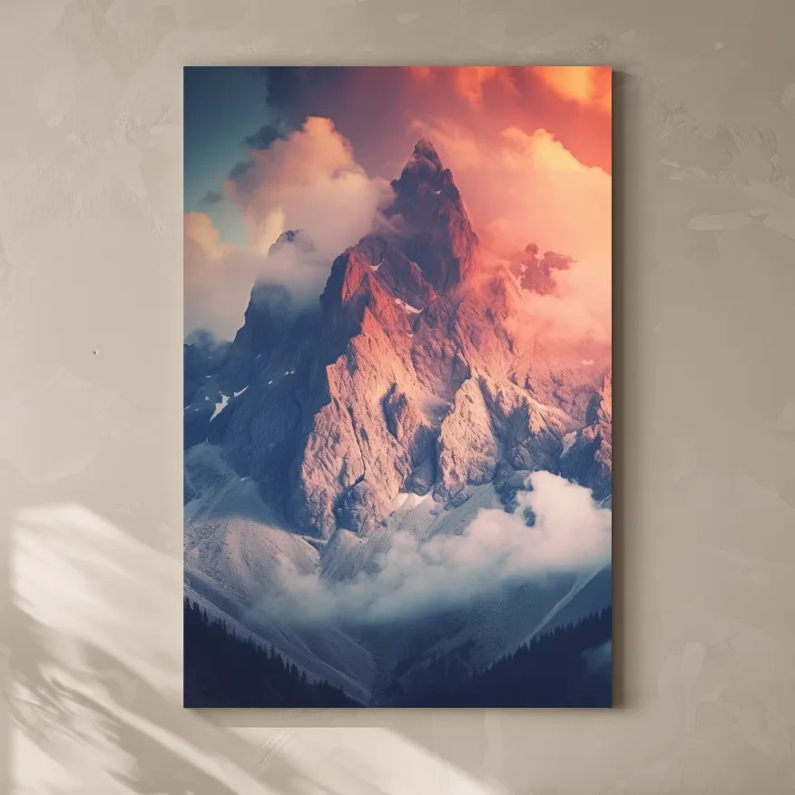 Dramatic mountain peak in colorful clouds, photographic art