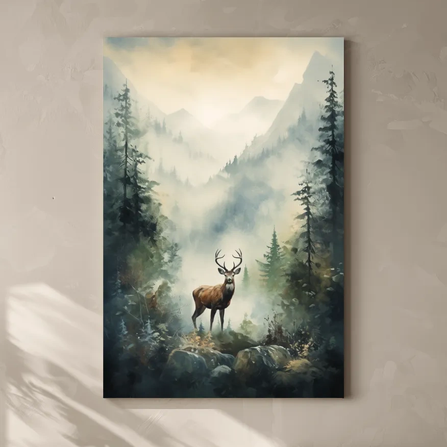 Misty Alpine Forest Deer Painting - Atmospheric Mountain Wildlife Wall Art