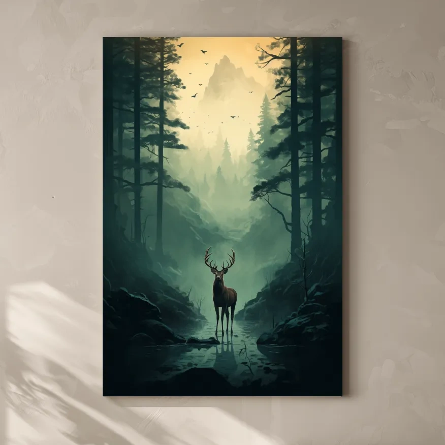 Serene illustration of a deer in a misty forest