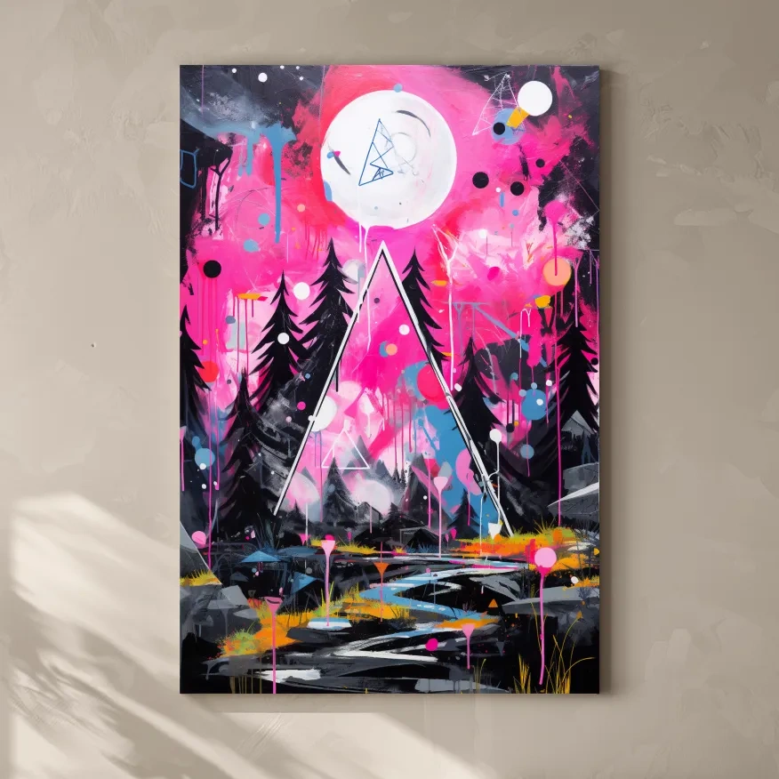 Pink and black abstract energetic art of a forest