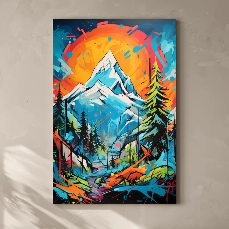Graffitti inspired art of sunset over a glacier, vibrant wall art