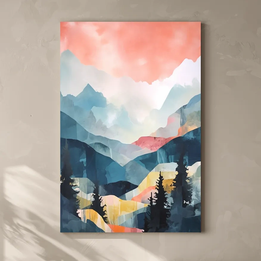 Abstract pastel painting - mountains and trees at sunset