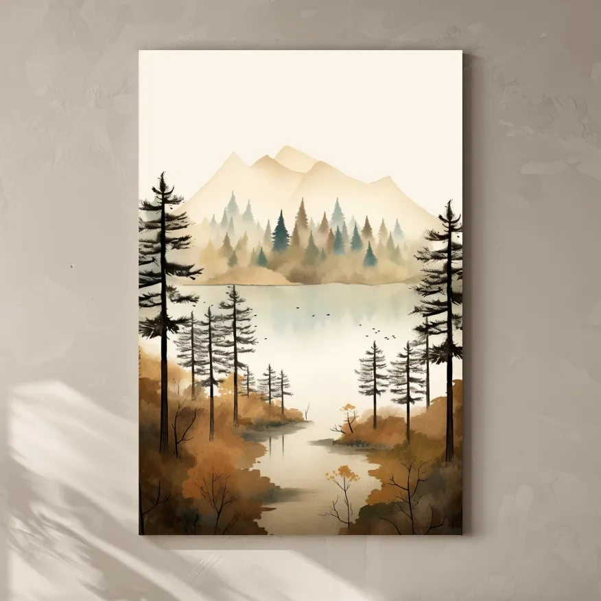 Watercolour landscape art, lakeside forest scenery in fall