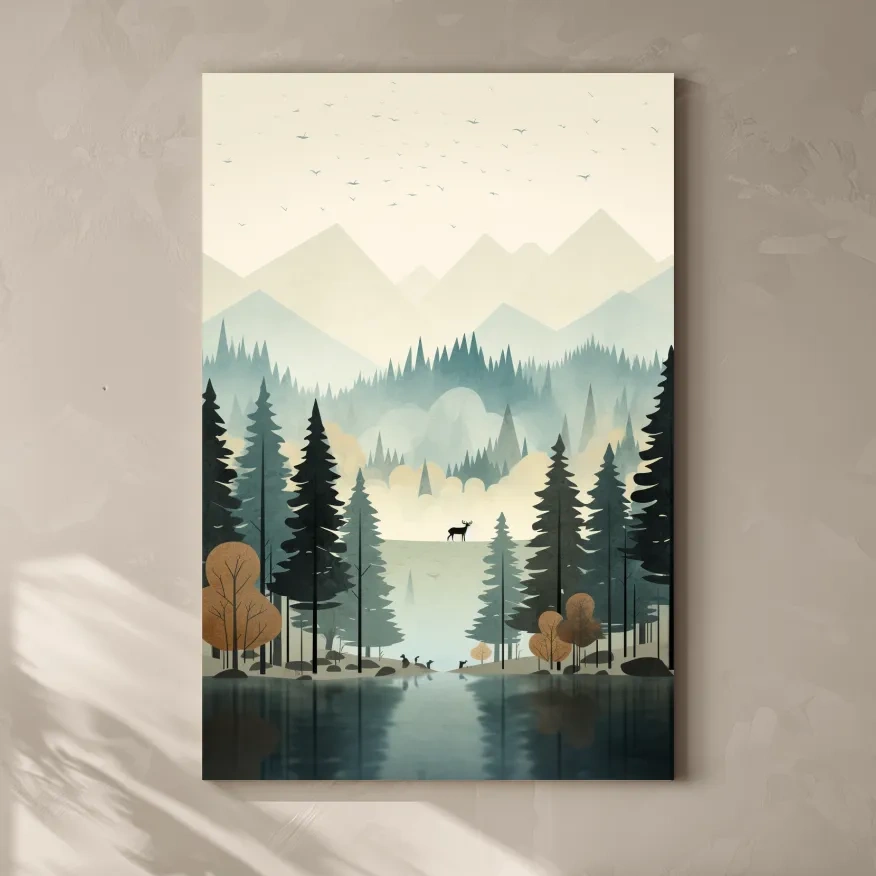 Mountain illustration, silhouette of a deer in a peaceful forest