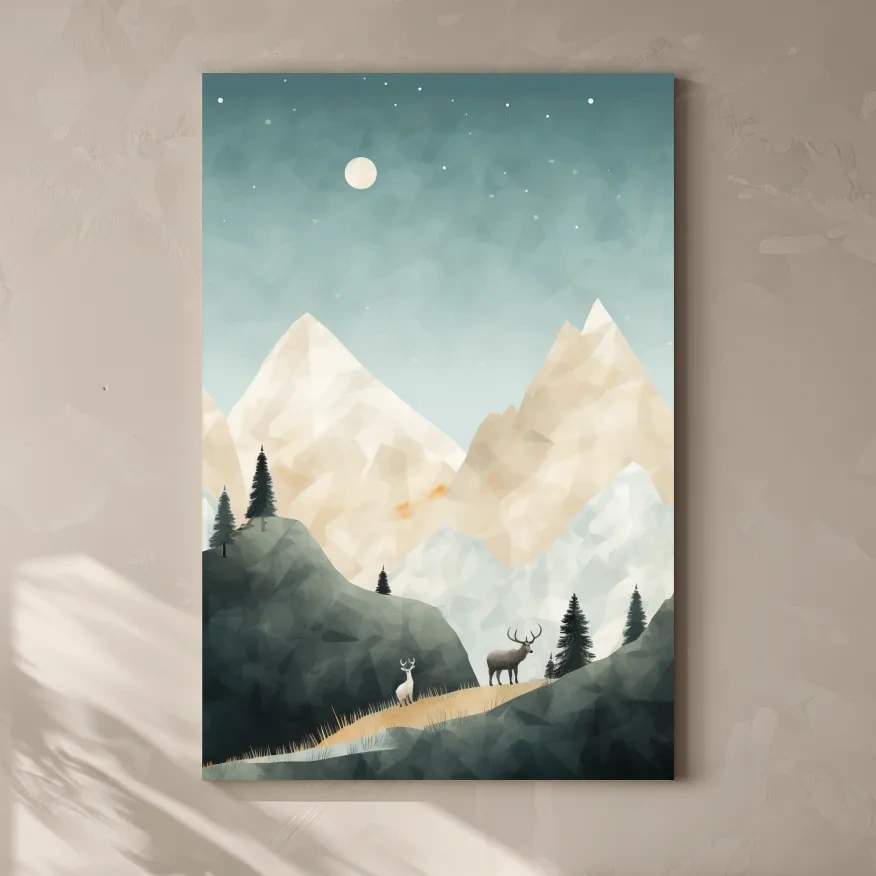 Textured minimal illustration, deers in the forest under the night sky