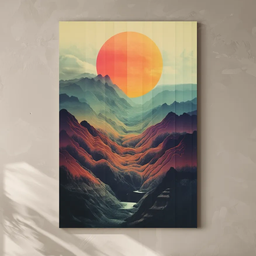 Illustrative art of a layered mountainous valley at sunset