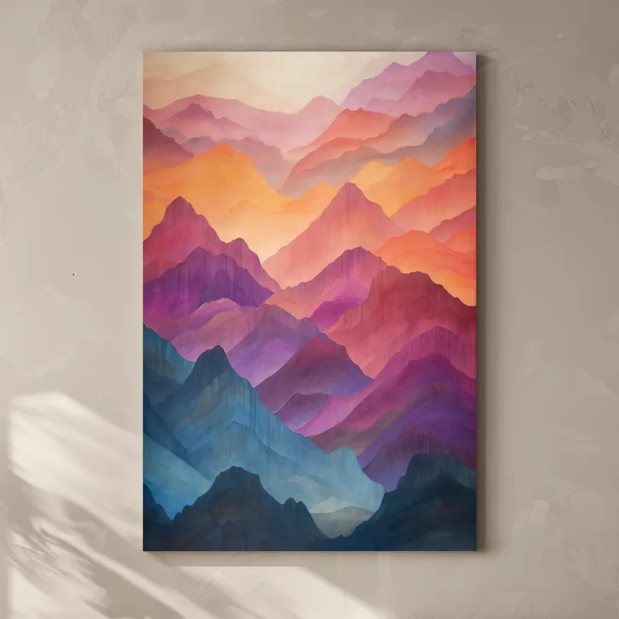 Vibrant Watercolor Layered Mountains - Abstract Sunset Landscape Wall Art