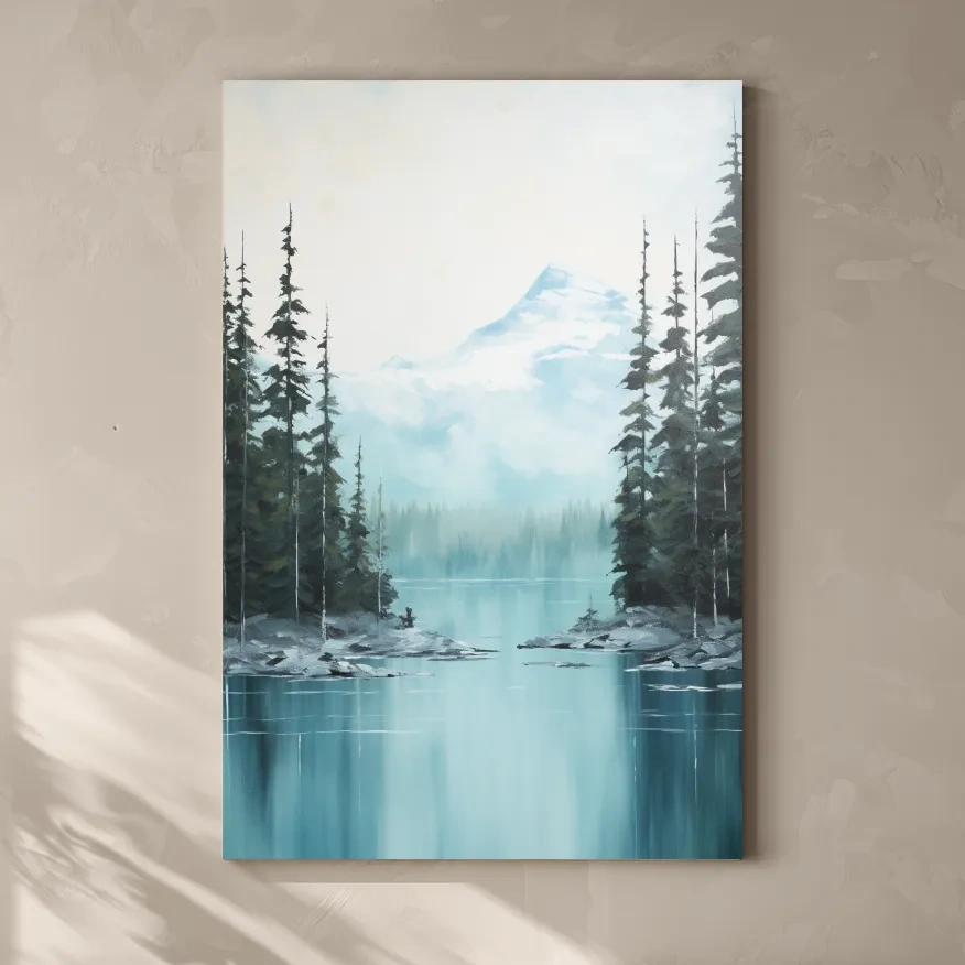 Turquoise Alpine Lake & Pine Forest Watercolor - Serene Mountain Landscape Wall Art