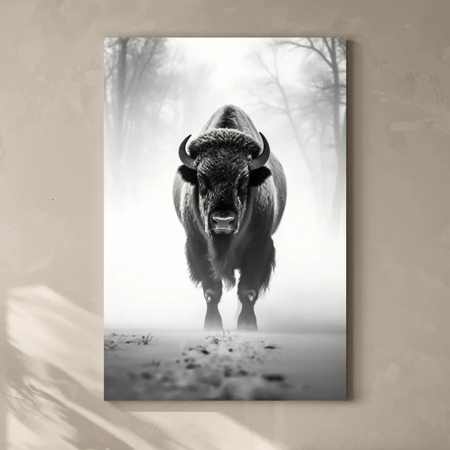 Black and white photo of a bison walking on snow