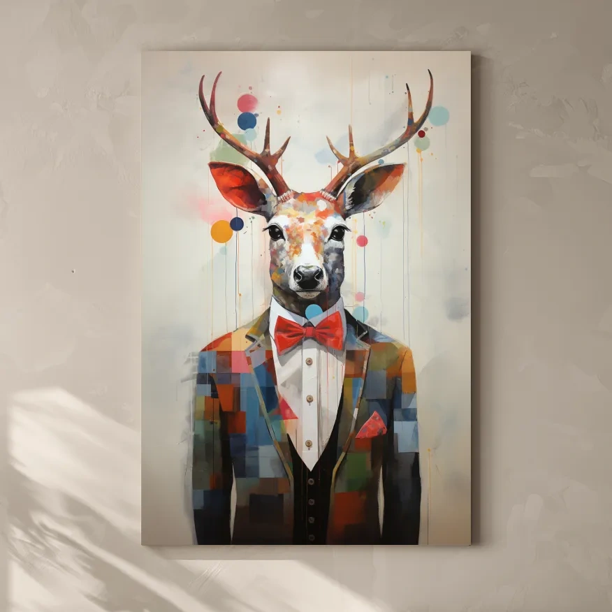 Dapper Watercolor Deer Tuxedo Portrait - Colorful Modern Wildlife Wall Art