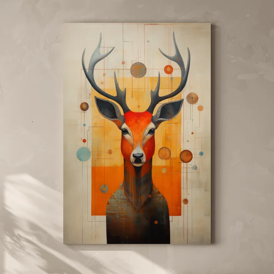 Mid Century Abstract Stag Portrait Painting - Quirky Wildlife Wall Art