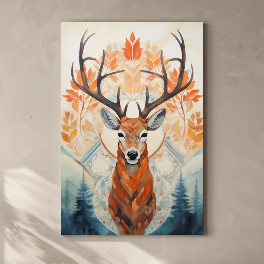 Ornate Stag Deer Watercolor Portrait - Autumn Woodland Wildlife Wall Art
