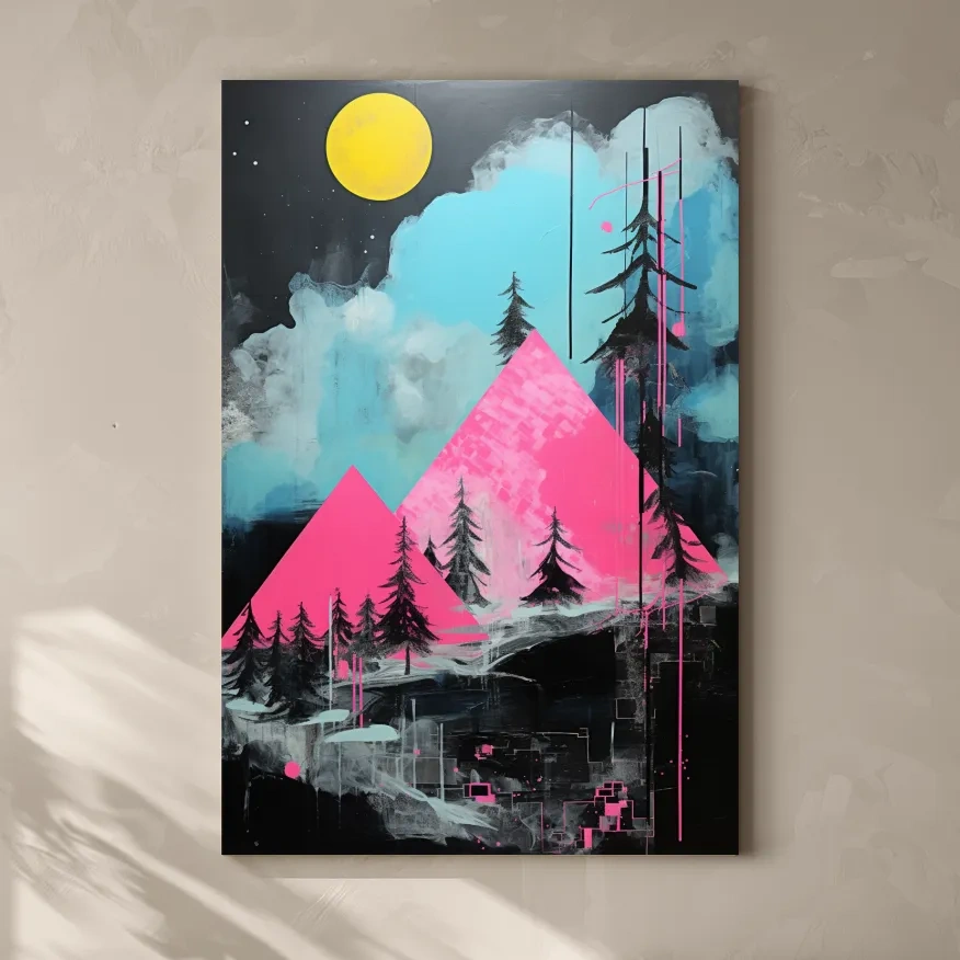 Pink and black acrylic painting, triangular abstract mountains