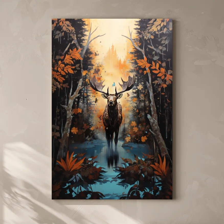 Painting of a moose in the woods in autumn