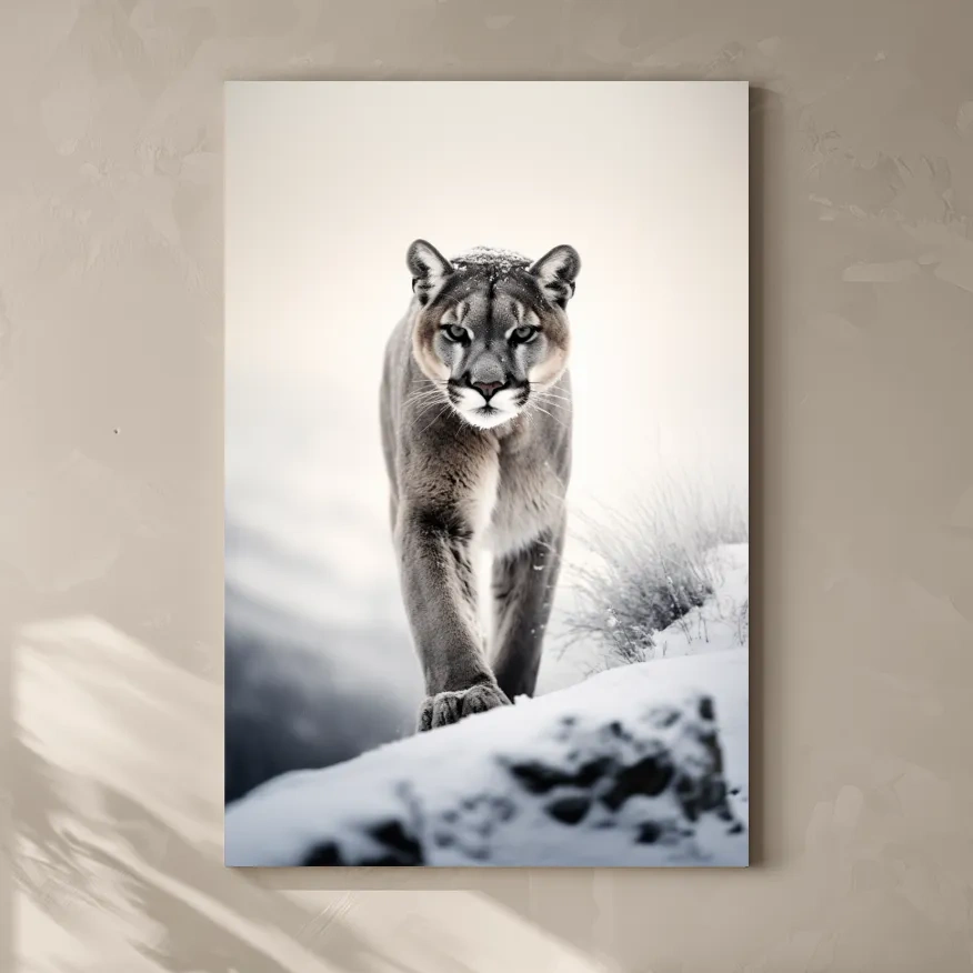 Photograph of a mountain lion walking in snow
