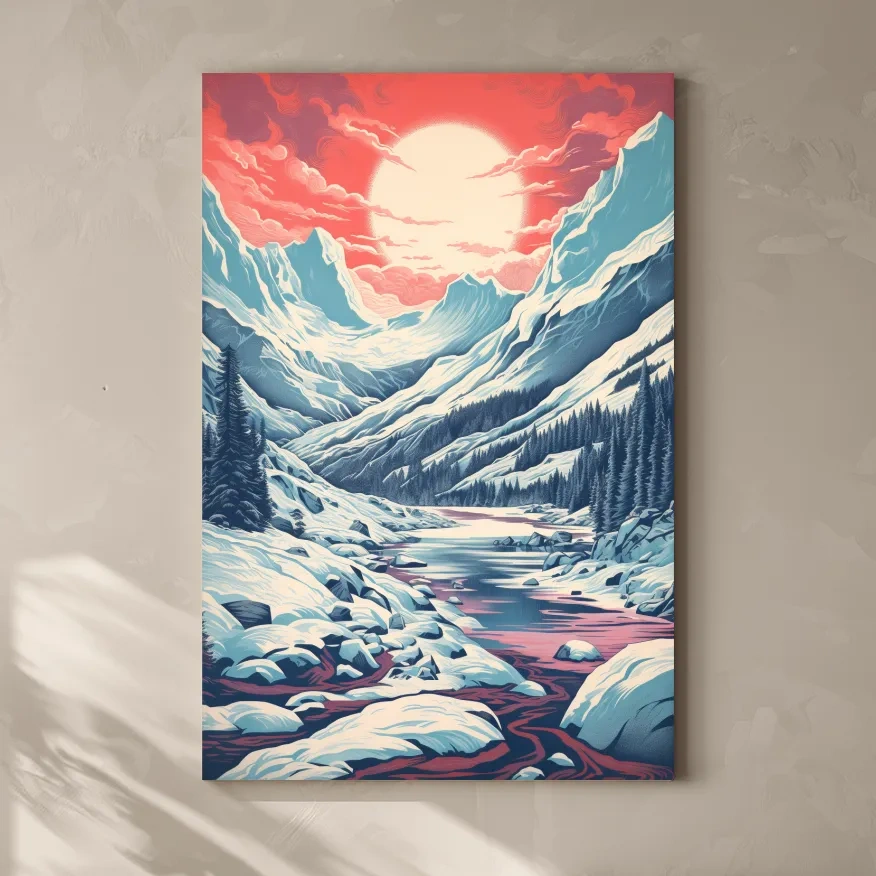 Illustration of an arctic valley at sunset