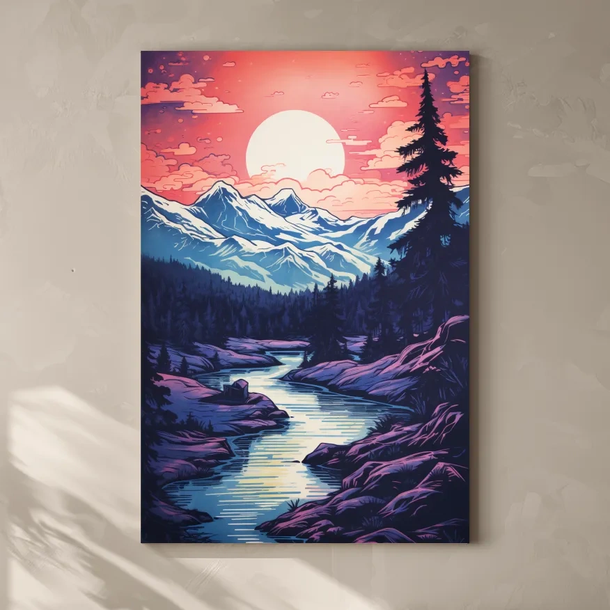 Surreal illustration of sunset over a glacier alpine scene