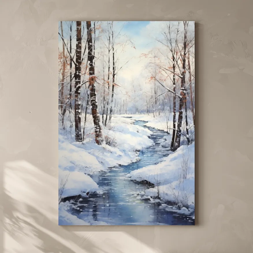 Serene Winter River Forest Painting - Snowy Woodland Wall Art