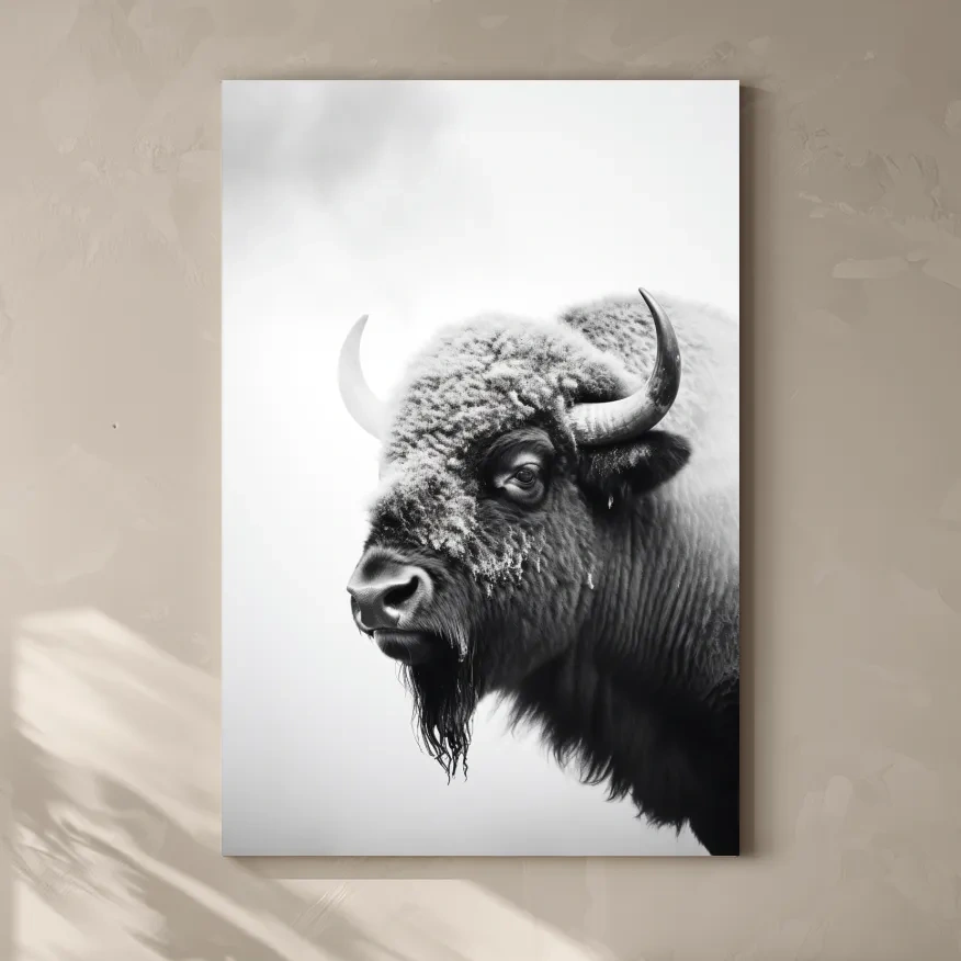 Photographic art, black and white photo of a bison in winter