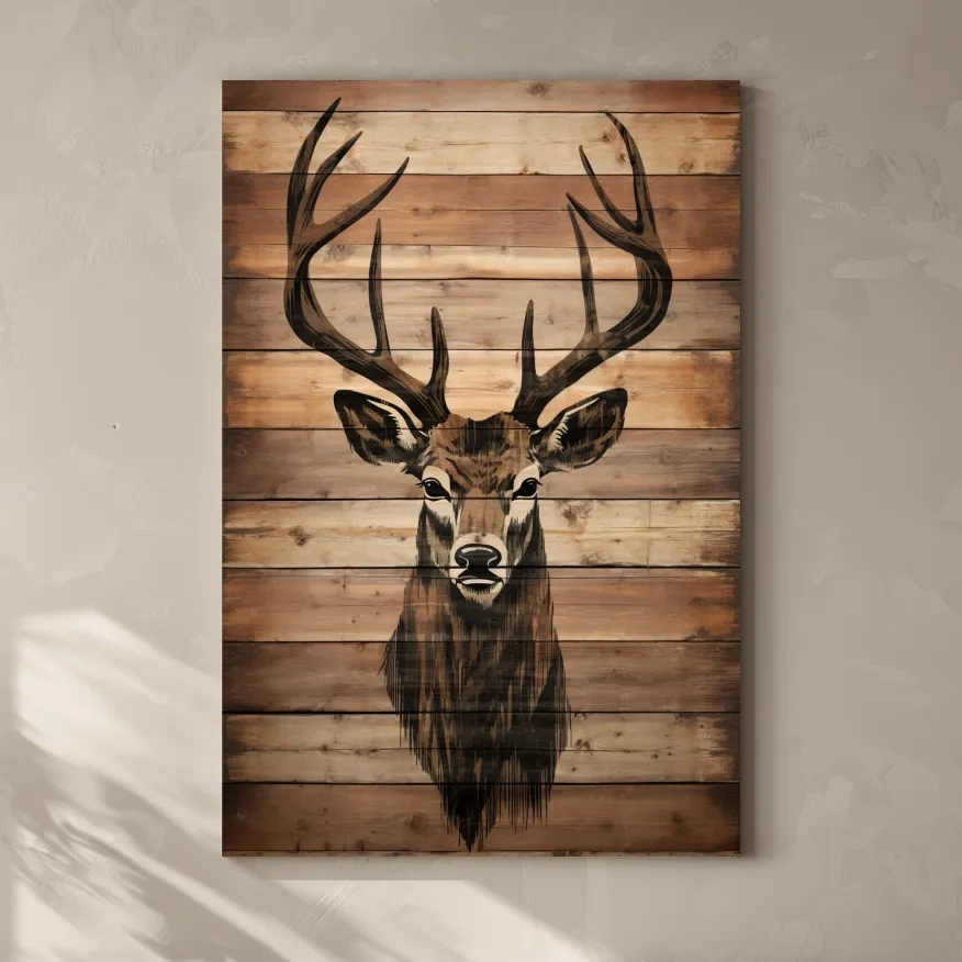 Wood burning art, deer head on wooden panels