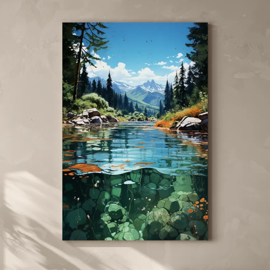 Crystal Clear Alpine River Landscape Illustration - Vibrant Mountain Forest Artwork