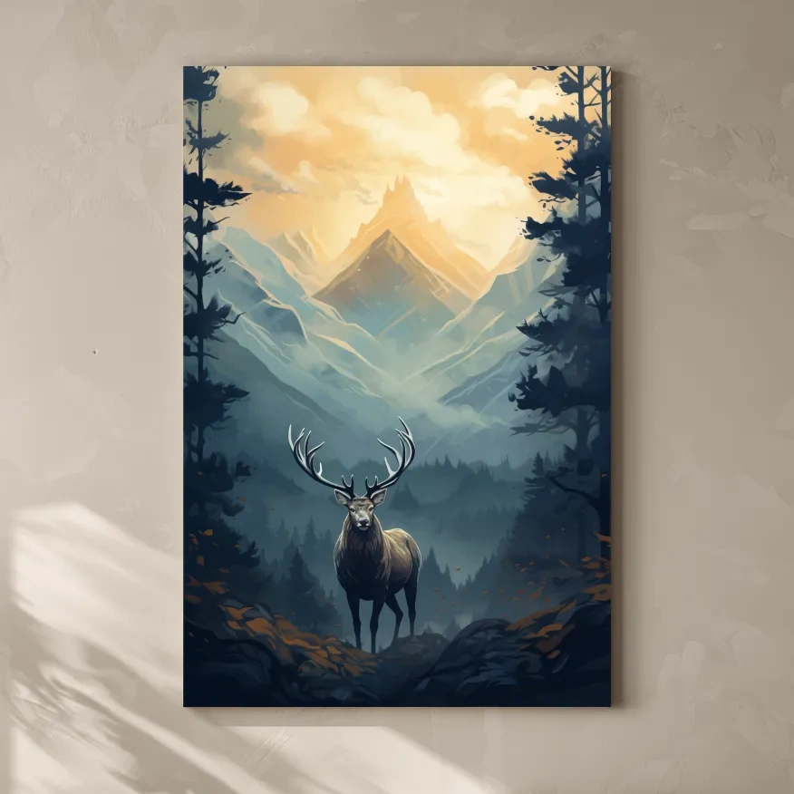 Serene illustration of a majestic deer in the forest at sunset