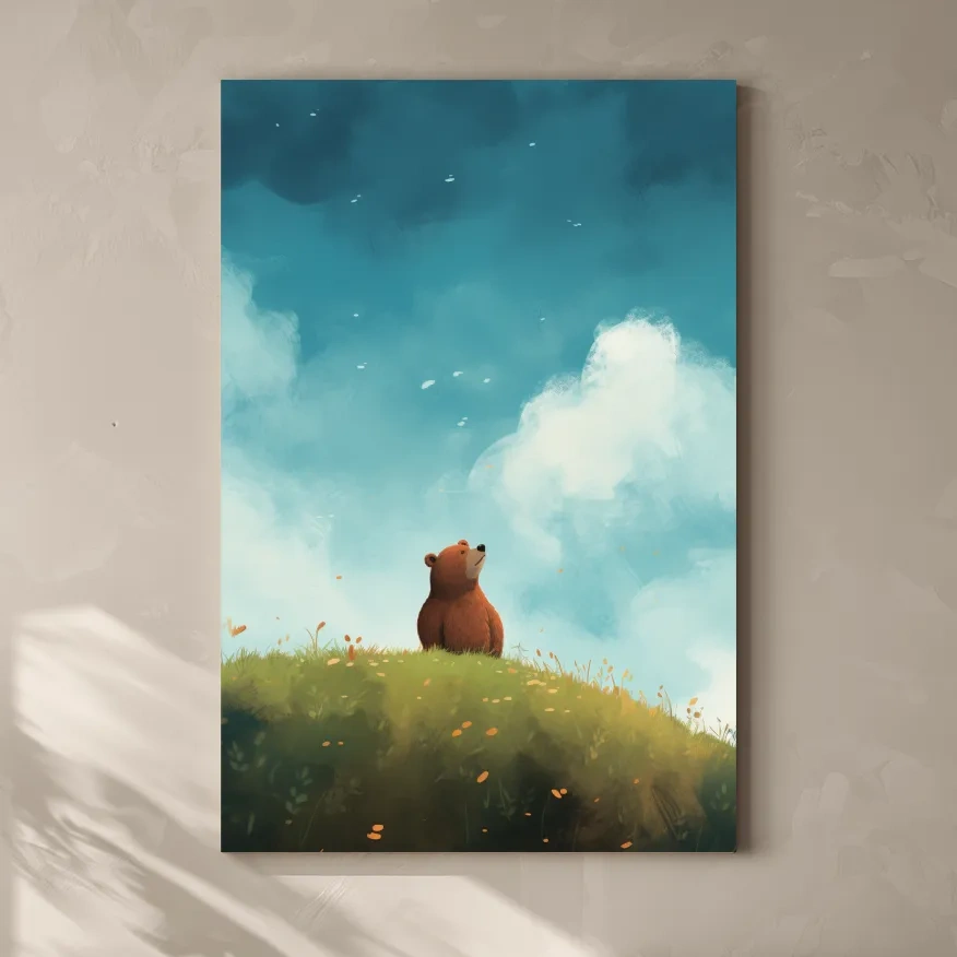 Whimsical Bear Cub Meadow Illustration - Cute Woodland Nursery Wall Art