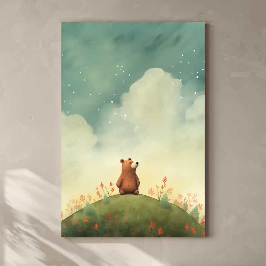 Whimsical Bear Cub Under Starry Sky - Nursery Watercolor Illustration Wall Art