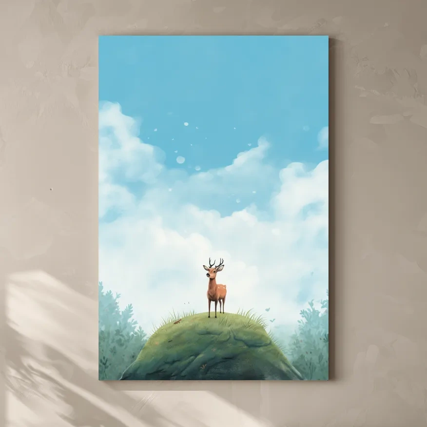 Whimsical Watercolor Deer on Grassy Hill - Serene Woodland Nursery Wall Art