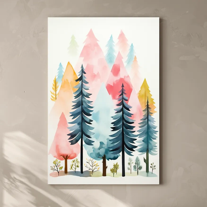Pastel Watercolor Pine Forest - Colorful Scandinavian Nature Wall Art
