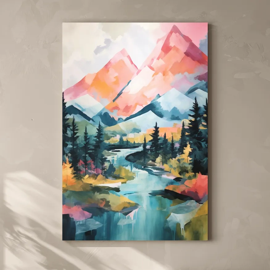 Vibrant Mountain River Landscape Painting - Colorful Alpine Forest Wall Art