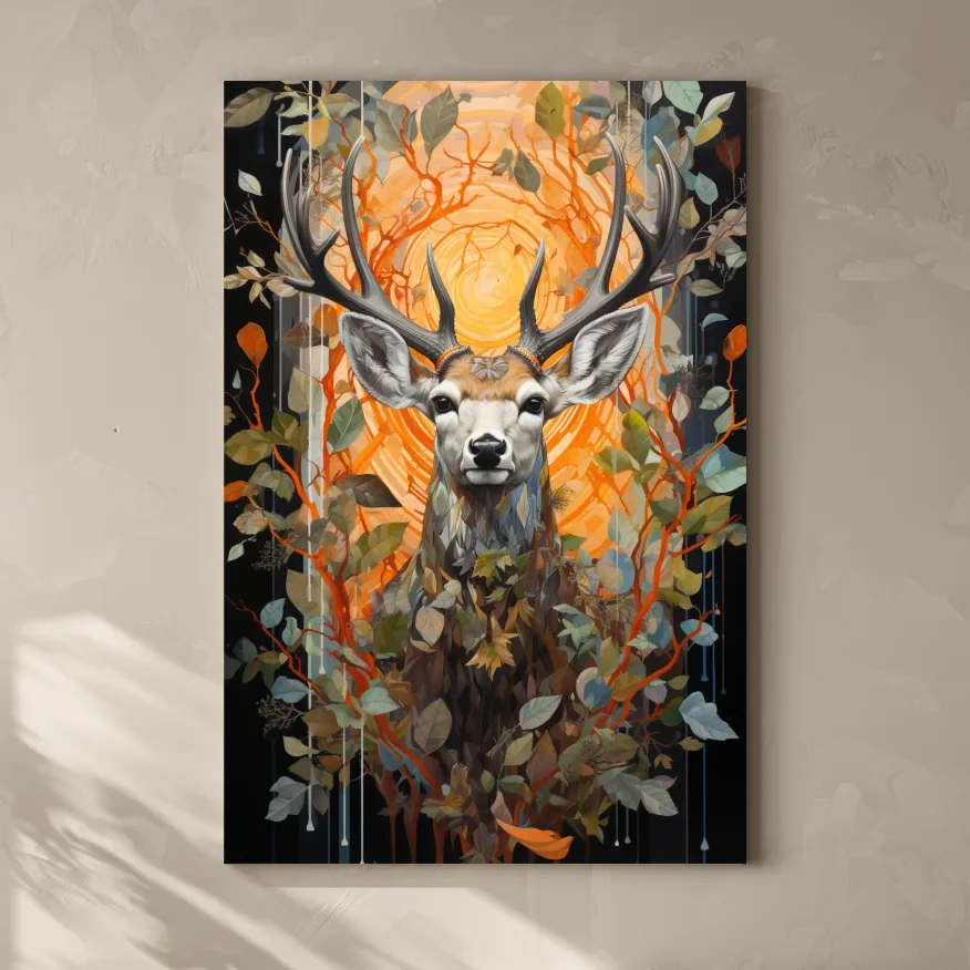 Floral ornate artwork of a deer head surrounded by foliage