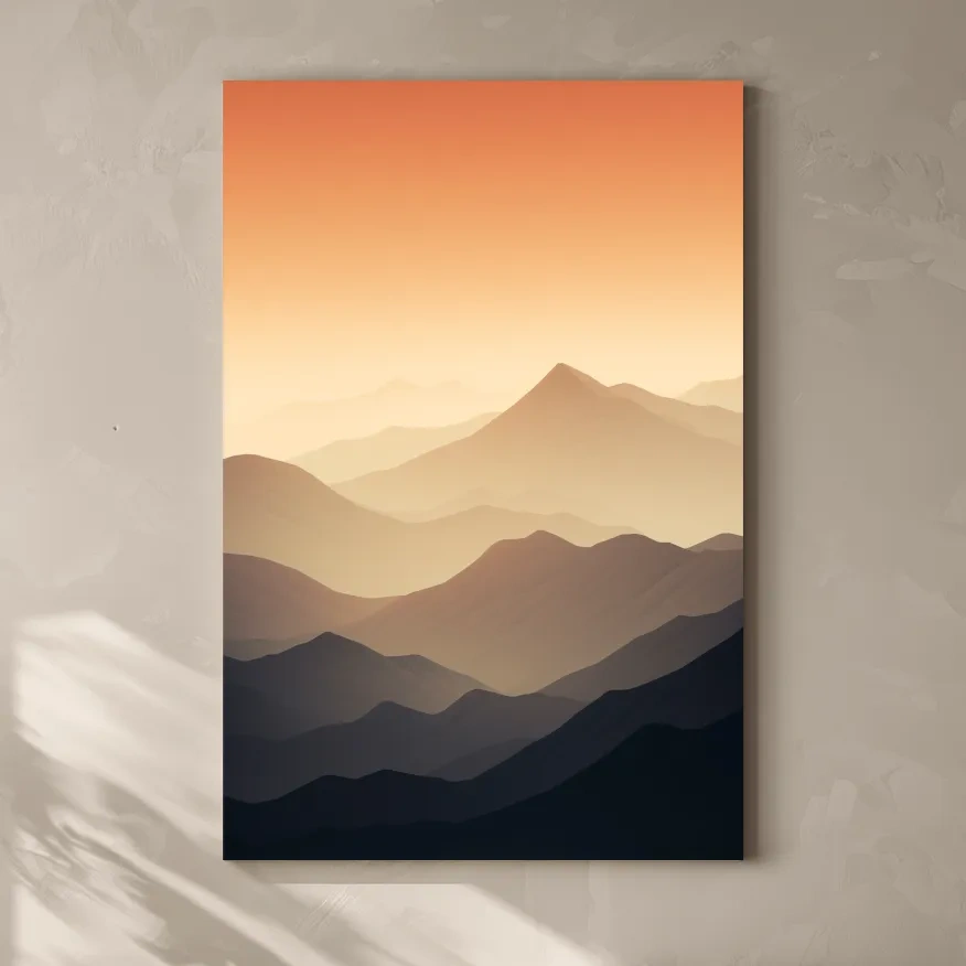 Subtle mountain sunset artwork, ridgelines fading into the sky