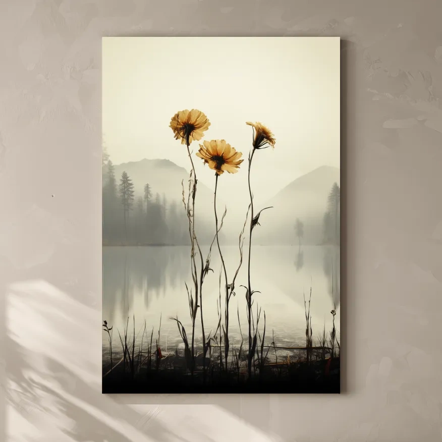 Photographic illustration, flowers on the misty lake shore