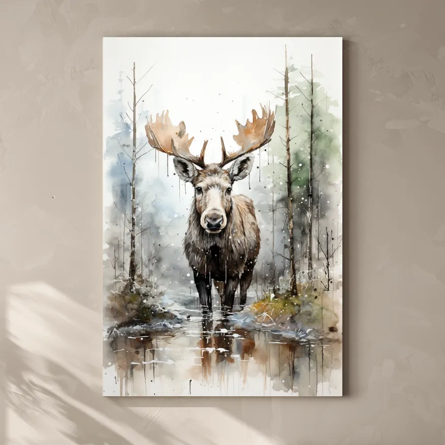Watercolor Moose In Misty Forest - Rustic Woodland Wildlife Painting Wall Art