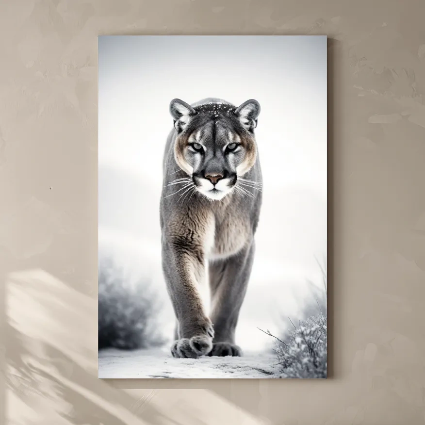Photograph of a mountain lion walking in snow