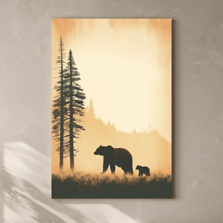 Momma bear and her cub, minimal illustration artwork