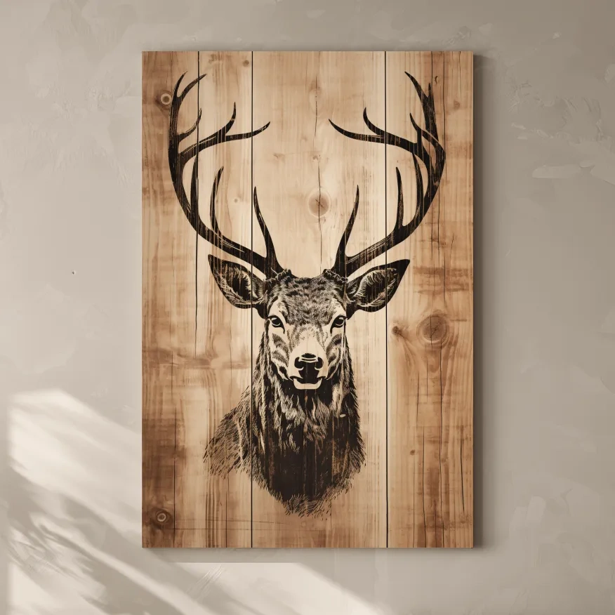 Wood burning style art, deer head on wooden panels