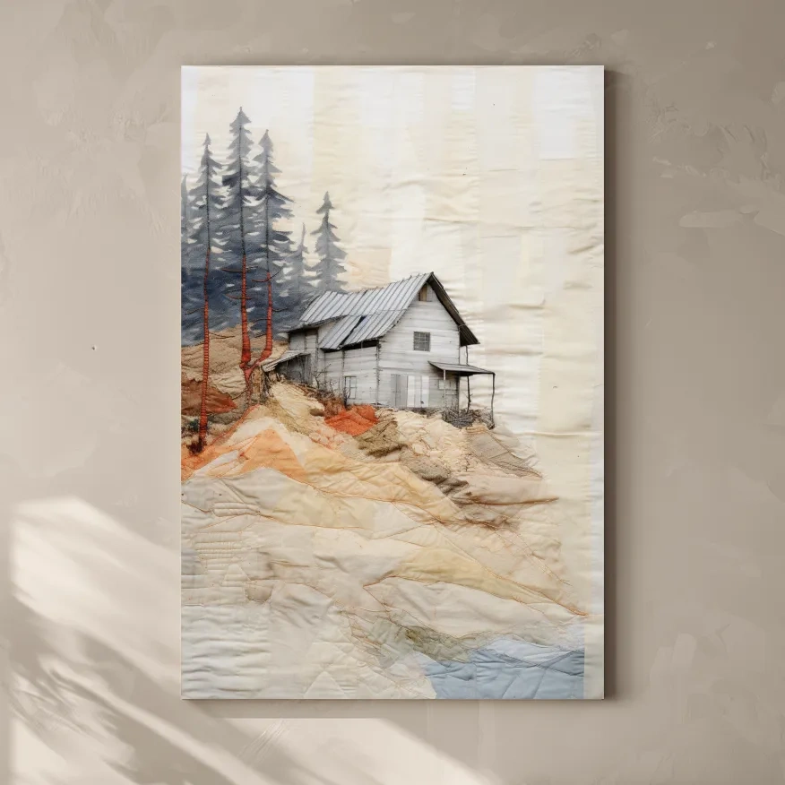 Rustic cabin artwork, fabric patchwork style