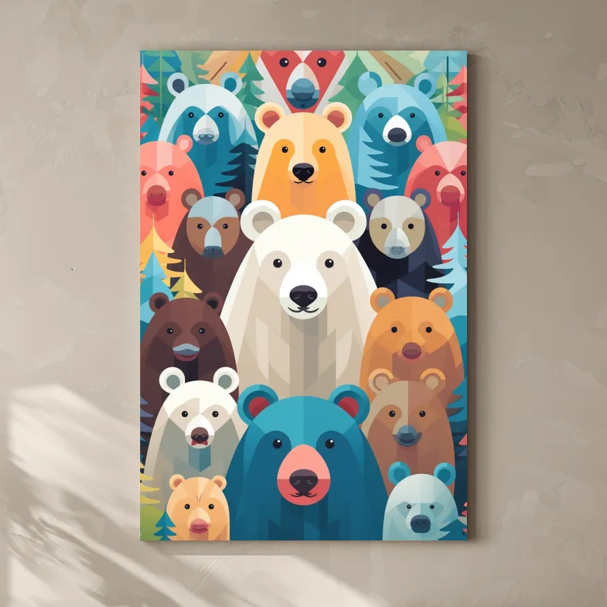 Illustration of colorful vibrant bears, childrens bedroom artwork