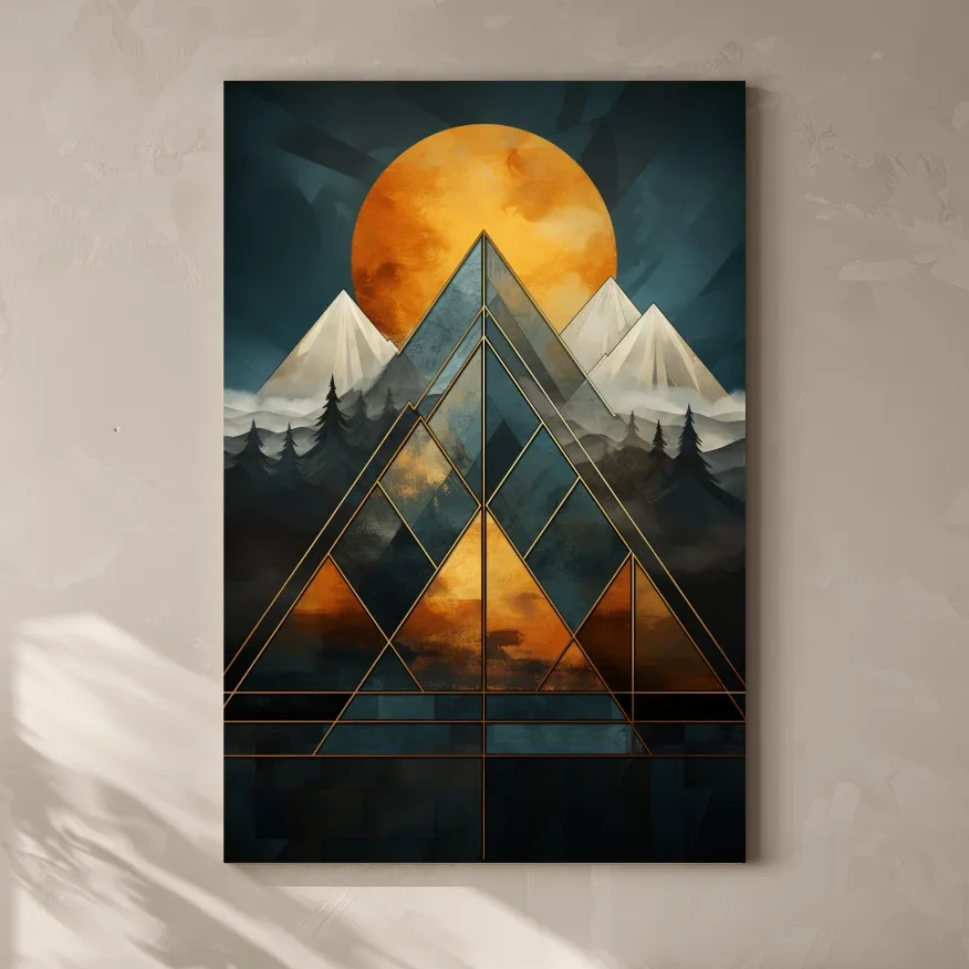 Leadlight style mountain artwork, sunset over glaciers and forest