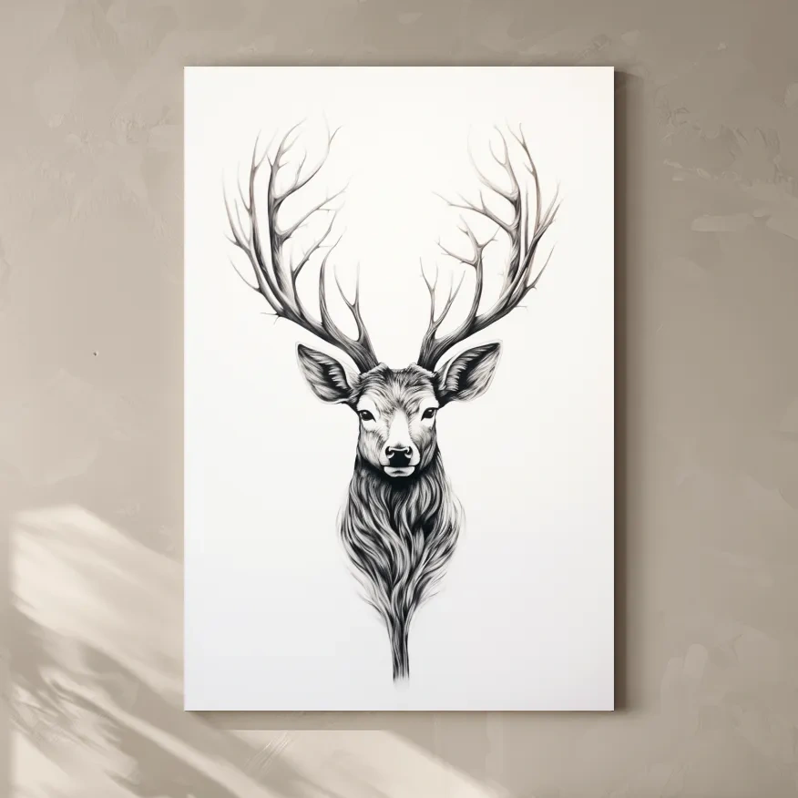 Minimalist Stag Head Line Drawing - Black And White Deer Tattoo  Artwork