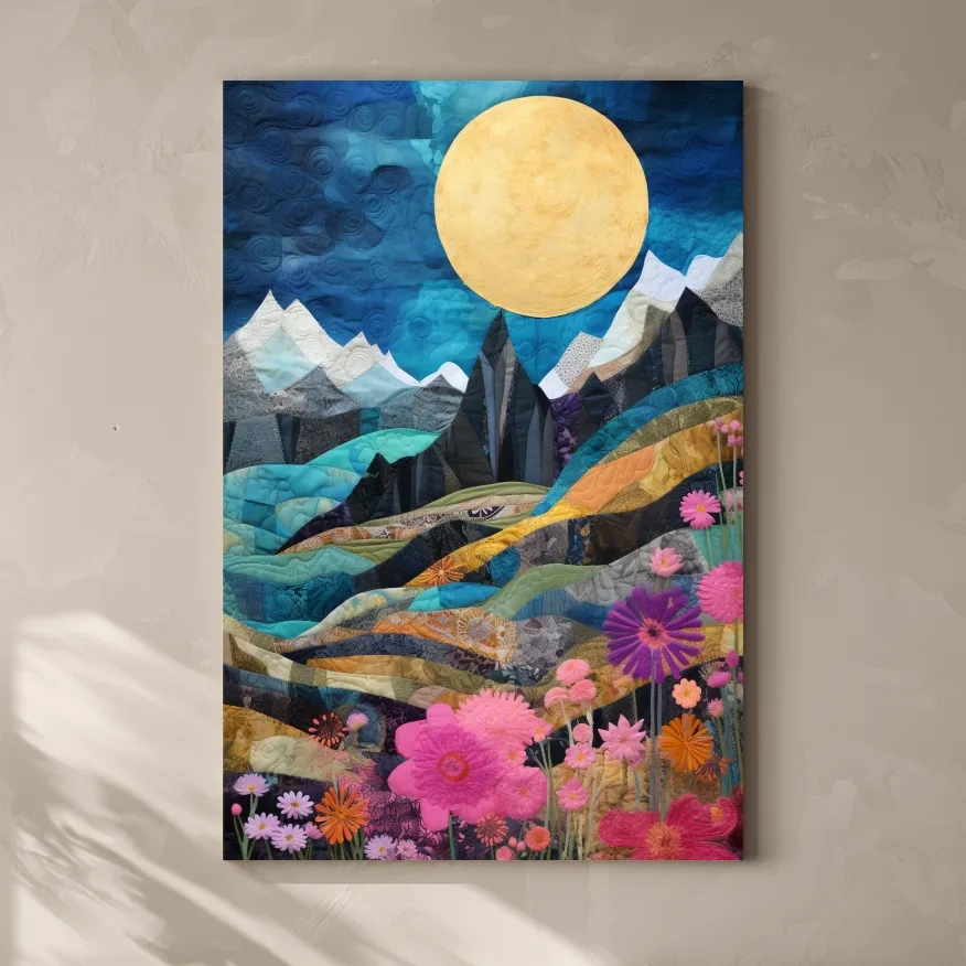 Quilted Wildflower Mountain Landscape - Colorful Patchwork Textile Style Wall Art