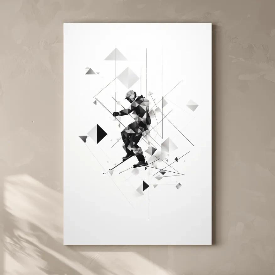 Monochrome Geometric Skier Silhouette - Abstract Winter Sports Wall Art