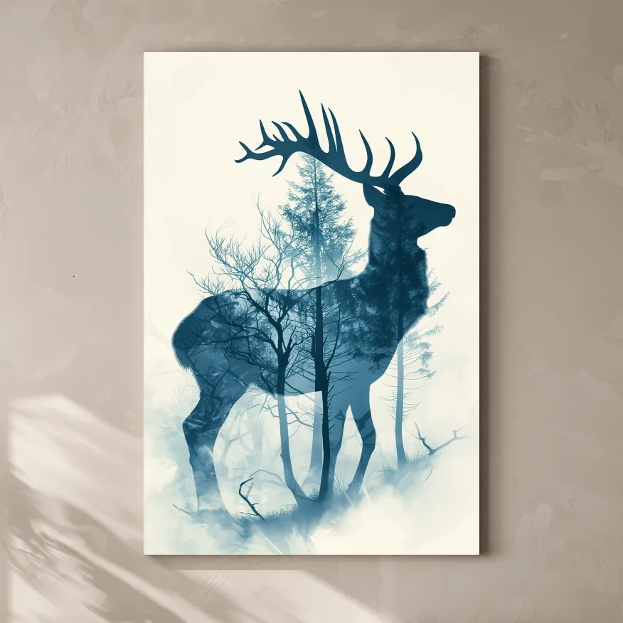 Deer and forest silhouette artwork, ethereal double exposure wall art