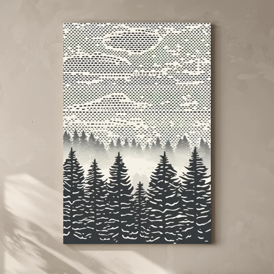 Black & white forest illustration art, dot pattern linocut style