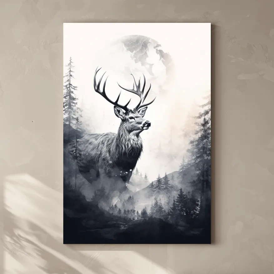 Deer and forest artwork drawing, double exposure style