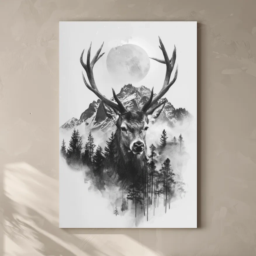 Double exposure style drawing artwork of a deer, forest, glacier and moon
