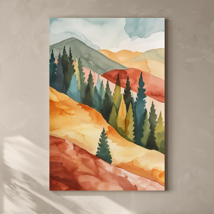 Rustic Autumn Watercolor Mountains & Pine Forest - Serene Abstract Landscape Wall Art