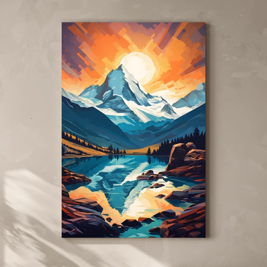 Sunset over the alpine glaciers, vector mountain art